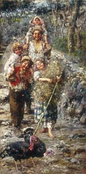Barn med kalkoner (olja på duk)