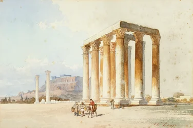 Zeus tempel med Akropolis, Parthenon, Aten (akvarell och kroppsfärg)