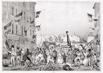 Barrikad vid Rue Dauphine, 29 juli 1830, graverad av H. Delaporte