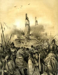 Jacques de Molay (Molai) (1243-1314), den siste store mästaren i tempelriddarorden (1298), dör på slaktbänken. Philippe le Bel lät arrestera honom (1307), torterade och fängslade honom innan han brände honom levande, tillsammans med Normandies befälhavare 