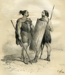 Franc- och Sicamberkrigare omkring år 254. Sicamberna var ett germanskt folk söder om Lippe, som underordnades romarna på 800-talet och sedan integrerades i francfolket. Gravyr av Victor Adam (1801-1866) i boken "France in t