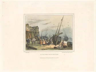 Stranden i Saint-Valery-sur-Somme St. Valery sur Somme (titel på objekt) Dräkter för invånarna i hamnstäderna (serietitel) Costumes de marins, dessinés dans les ports (serietitel)