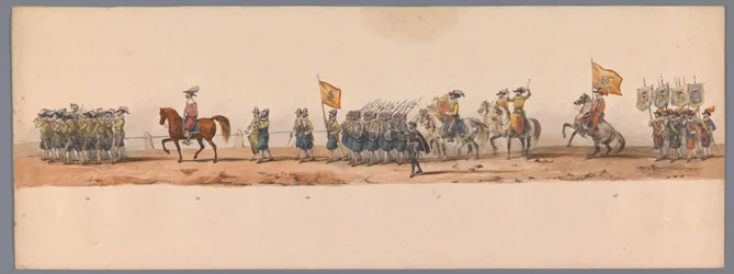 Historisk procession vid det andra hundraårsjubileet av Utrecht University of Applied Sciences, 1836 (skylt 7) Nederländska arméernas närmande till Oostende den 3 juli 1600, dagen efter segern vid Nieuwpoort; enligt den av H H Student givna kostymframställ
