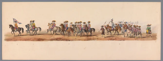 Historisk procession vid det andra hundraårsjubileet av Utrecht University of Applied Sciences, 1836 (skylt 5) Nederländska arméernas närmande till Oostende, den 3 juli 1600, dagen efter segern vid Nieuwpoort; enligt den av H H Student givna kostymframstäl