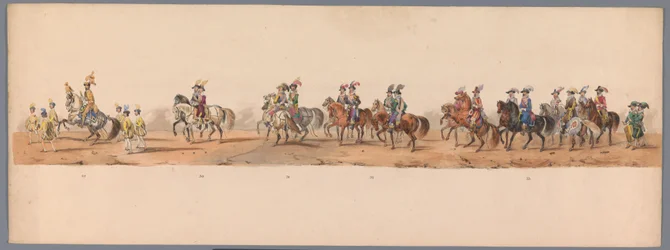 Historisk procession vid Utrechts universitets andra hundraårsjubileum, 1836 (skylt 8) Nederländska arméns mars till Ostende den 3 juli 1600, dagen efter segern vid Nieuwpoort; enligt den klädda föreställningen som H H Student gav