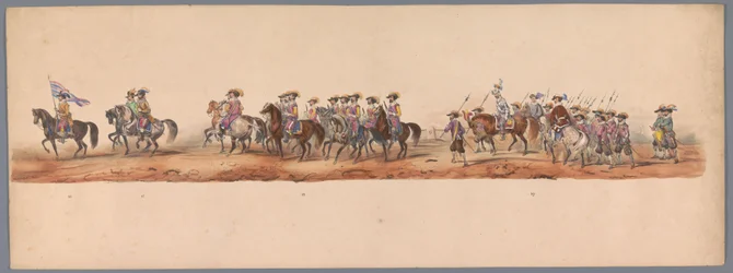 Historisk procession vid det andra hundraårsjubileet av Utrecht University of Applied Sciences, 1836 (skylt 5) Nederländska arméernas närmande till Oostende den 3 juli 1600, dagen efter segern vid Nieuwpoort; enligt den av H H Student givna kostymframställ