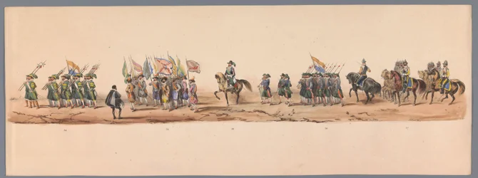 Historisk procession vid Utrechts universitets andra hundraårsjubileum, 1836 (skylt 9) Nederländska arméns mars till Ostende den 3 juli 1600, dagen efter segern vid Nieuwpoort; enligt den klädda föreställningen som H H Student gav