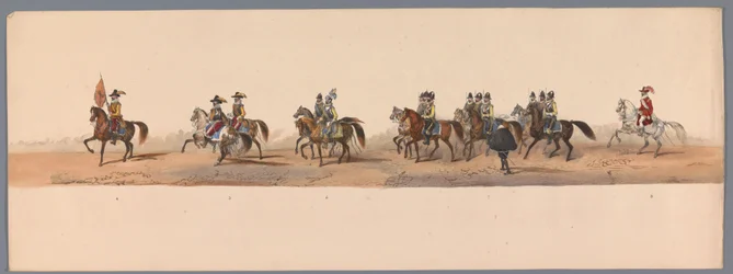 Historisk procession vid det andra hundraårsjubileet av Utrecht University of Applied Sciences, 1836 (skylt 2) Nederländska arméernas närmande till Oostende, den 3 juli 1600, dagen efter segern vid Nieuwpoort; enligt den av H H Student givna kostymframstäl