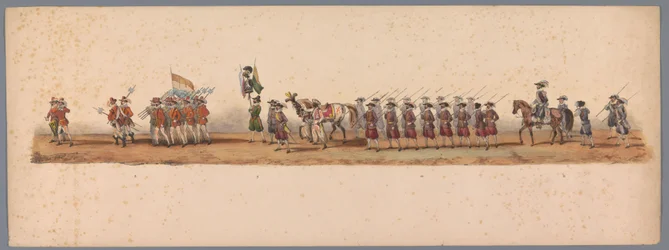 Historisk procession vid det andra hundraårsjubileet av Utrecht University of Applied Sciences, 1836 (skylt 3) Nederländska arméernas närmande till Oostende den 3 juli 1600, dagen efter segern vid Nieuwpoort; enligt den av H H Student givna kostymframställ