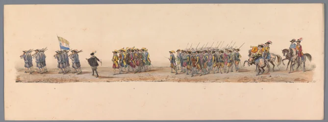 Historisk procession vid det andra hundraårsjubileet av Utrecht University of Applied Sciences, 1836 (skylt 4) Nederländska arméernas närmande till Oostende, den 3 juli 1600, dagen efter segern vid Nieuwpoort; enligt den av H H Student givna kostymframstäl