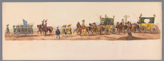 Historisk procession vid det andra hundraårsjubileet av Utrecht University of Applied Sciences, 1836 (skylt 6) Nederländska arméernas närmande till Oostende den 3 juli 1600, dagen efter segern vid Nieuwpoort; enligt den av H H Student givna kostymframställ