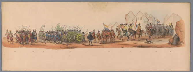 Historisk procession vid det andra hundraårsjubileet av Utrecht University of Applied Sciences, 1836 (skylt 10) Nederländska arméernas närmande till Oostende den 3 juli 1600, dagen efter segern vid Nieuwpoort; enligt den klädda framställningen, gifven af ​
