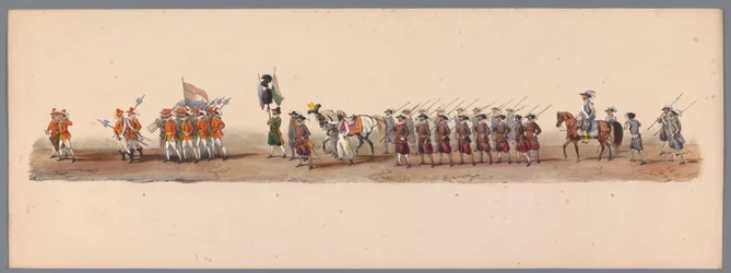 Historisk procession vid det andra hundraårsjubileet av Utrecht University of Applied Sciences, 1836 (skylt 3) Nederländska arméernas närmande till Oostende, den 3 juli 1600, dagen efter segern vid Nieuwpoort; enligt den av H H Student givna kostymframstäl