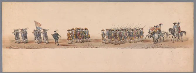 Historisk procession vid det andra hundraårsjubileet av Utrecht University of Applied Sciences, 1836 (skylt 4) Nederländska arméernas närmande till Oostende den 3 juli 1600, dagen efter segern vid Nieuwpoort; enligt den av H H Student givna kostymframställ