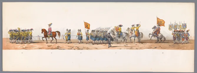 Historisk procession vid det andra hundraårsjubileet av Utrecht University of Applied Sciences, 1836 (skylt 7) Nederländska arméernas närmande till Oostende den 3 juli 1600, dagen efter segern vid Nieuwpoort; enligt den av H H Student givna kostymframställ
