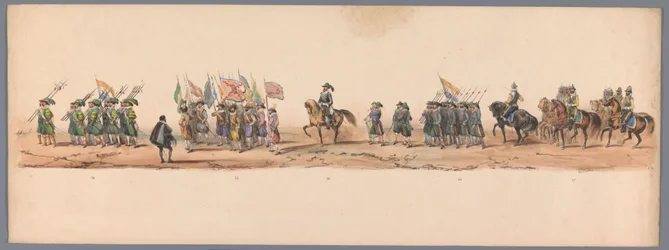 Historisk procession vid det andra hundraårsjubileet av Utrecht University of Applied Sciences, 1836 (skylt 9) Nederländska arméernas närmande till Oostende, den 3 juli 1600, dagen efter segern vid Nieuwpoort; enligt den av H H Student givna kostymframstäl
