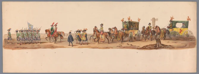 Historisk procession vid det andra hundraårsjubileet av Utrecht University of Applied Sciences, 1836 (skylt 6) Nederländska arméernas närmande till Oostende den 3 juli 1600, dagen efter segern vid Nieuwpoort; enligt den av H H Student givna kostymframställ