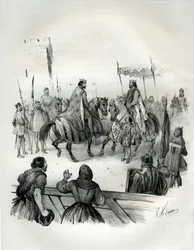 Intervju år 1023 mellan Henri 2 (känd som den lame och helgonet, 973-1024), tysk kejsare (hertig av Baviere och kung av Germanien) och Robert 2 den Pieux (970-1031), kung av Frankrike från 996 till sin död. Robert var son till Hugues Capet, vars kröning i