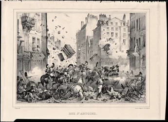 Rue Saint-Antoine i juli 1830, graverad av H. Delaporte