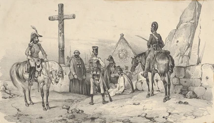 Soldater samlades framför en kyrka med präster och ett krucifix, mitten av 1800-talet.