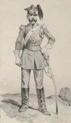 Stående soldat med handen på rodret på sitt svärd, mitten av 1800-talet.