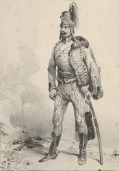 Stående soldat med sin jacka på ena axeln, mitten av 1800-talet.
