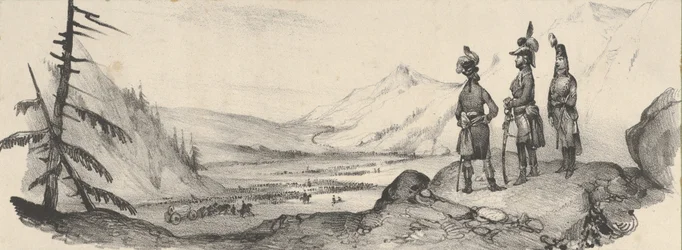 Tre soldater i ett landskap, mitten av 1800-talet.