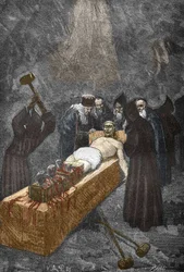 Fallet med de besatta i Loudun (demonerna i Loudun) omkring 1630: häxjakt, den franske prästen Urbain Grandier (1590-1634), som påstås ha slutit en pakt med djävulen och anklagas för att ha förhäxat nunnor, torteras - Urbain Grandier, fransk
