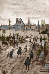 Jansenist konvulsionär (eller Saint Medard) (Konvulsioners verk) på 1700-talet: "" de sjuka och handikappade går till kyrkogården i Saint-Medard (där är diakonen Francois Paris grav) för att vara mirakulöst gueris" (Convulsionnaire praxis ( Convulsionna