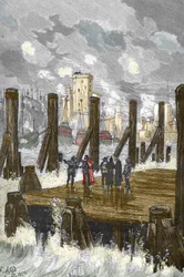 Belägringen av La Rochelle (1627-1628): «Kardinal Richelieu (1585-1642) på dammen vid La Rochelle, under belägringen av staden, protestanternas vapenplats i oktober 1628» - Kardinal Richelieu vid belägringen av La Rochelle i oktober 1628, gravyr