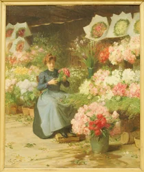 Blomsterförsäljare framför Madeleinekyrkan