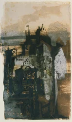 Et renæssanceslot (indisk blæk, gouache og sepia på papir) sved