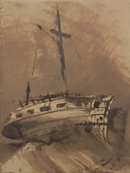 A Ship in Choppy Seas, 1864 (penna och bläcktvätt på papper)