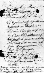 Första sidan i manifestet som vädjar till folket i Paris att förkasta Louis Napoleon Bonapartes kränkning av den franska konstitutionen, 1851 (penna och bläck på papper)