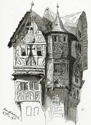 Hus i Bacharach vid floden Rhen, 1800-talet (bw gravyr)