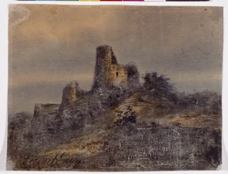 Utsikt över ruinerna av slottet Arques la Bataille (Arques-la-Bataille) Teckning av Victor Hugo (1802-1885) 1800-talet Dim 17,4x22 cm Marseille, Chateau Borely, Museum för dekorativ konst, fajans och mode