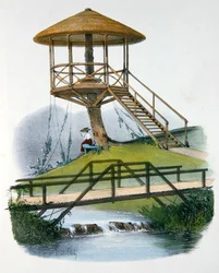 En hydda och en rustik bro i Parc de la Motte, Bourgogne, illustration från "Habitations Champetres", Paris, ca 1895 (kromolit).