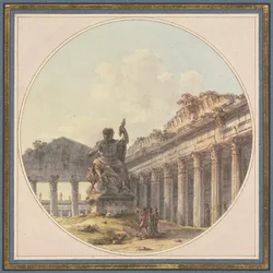 Arkitektoniskt capriccio: Interiör av en tempelruin med en staty av Jupiter Tonans och staffagefigurer