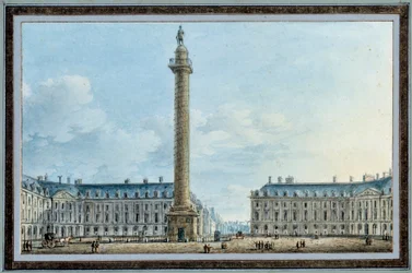 Utsikt över den belliciska kolonnen placerad Place Vendome i Paris Akvarell av Victor Jean Nicolle (1754-1828) Runt 1810 sön. 0,67x0,12 m Malmaison, musee du chateau