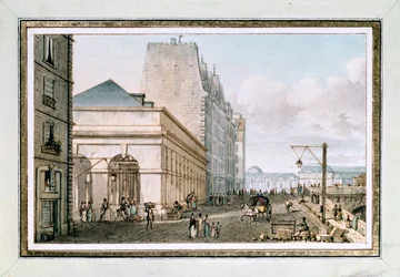 Utsikt över den nya fjäderfämarknaden, belägen på Quai des Augustins nära Pont-Neuf, Paris, ca. 1810 (akvarell)