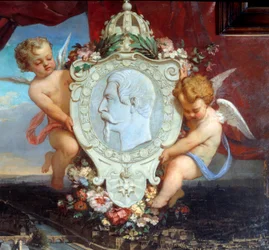 Detalj av: "" Louvren av Napoleon III"" "" Utsikt över Palais du Louvren och porträttet av Napoleon III (1808-1873) i medaljong"" Målning av Victor Joseph Chavet (1822-1906) 1857 Sön. 2,12 x 2,22 m Paris, Louvren.