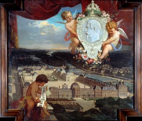 Louvren av Napoleon III "" Utsikt över Palais du Louvren och porträttet av Napoleon III (1808-1873) i medaljong"" Målning av Victor Joseph Chavet (1822-1906) 1857 Sön. 2,12 x 2,22 m Paris, Louvren.
