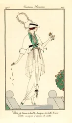 Kvinna i linneklänning med dubbel tunika i broderad tyll, liten casaquejacka fodrad med satin. Robe de linon en dubbel tunique de tylle brode, petite casaque och revers de satin. Handkolorerad pochoir (stencil) etsning efter illustration av Victor Lhu