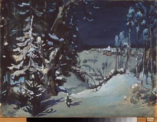 Förberedande dekor för teaterpjäsen ""La demoiselle des neiges"" av Alexandre Ostrovsky (1823-1886) (Scenografi för teaterpjäsen Snow Maiden av A Ostrovsky) La foret enneigee - Verk av Viktor Mikhaylovich Vasnetsov (1848-1926) , olja på ca