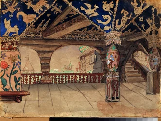 Förberedande dekor för teaterpjäsen ""La demoiselle des neiges"" av Alexandre Ostrovski (1823-1886) (Scenografi för teaterpjäsen Snow Maiden av A Ostrovsky) Träterrassen - Verk av Viktor Mikhaylovich Vasnetsov (1848-1926) ) , olja på