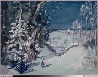 Förberedande dekor för operan ""The Snow Maiden"" av Nicolas (Nikolai) Rimsky Korsakov (Rimsky-Korsakov) (1844-1908) (Scenografi för operan Snow Maiden av N Rimsky Korsakov) En by i ett landskap av snö, natt - Konstverk av Viktor Mi