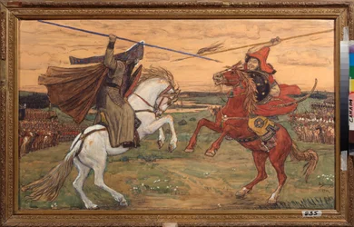 Duellen mellan Aleksandr Peresvet och tatareren Chelibej (eller Chelubej, Temir Murza (Temir-Murza)) på Kulikovofältet år 1380, under slaget mellan ryssarna och Gyllene horden