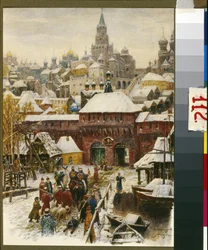 Moscou au 17e siecle (Moskva på 1600-talet). Oeuvre de Appolinari Mikhaylovich Vasnetsov (1856-1933), litografi. Art russe, fin 19e-debut 20e siecle. Museet för Moskvas historia och återuppbyggnad, Moskva.