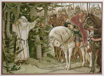 Furst Oleg (död ca 912) möter siaren som förutspår att hans häst kommer att orsaka hans död, illustration ur "Sången om den vise Oleg". 1899