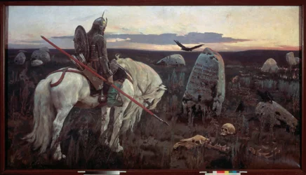 En riddare vid vägskälet (Riddaren, beväpnad med en lans, förefaller melankolisk framför en graverad stele på slätten, omgiven av mänskliga ben och överflugen av en korp i skymningen)